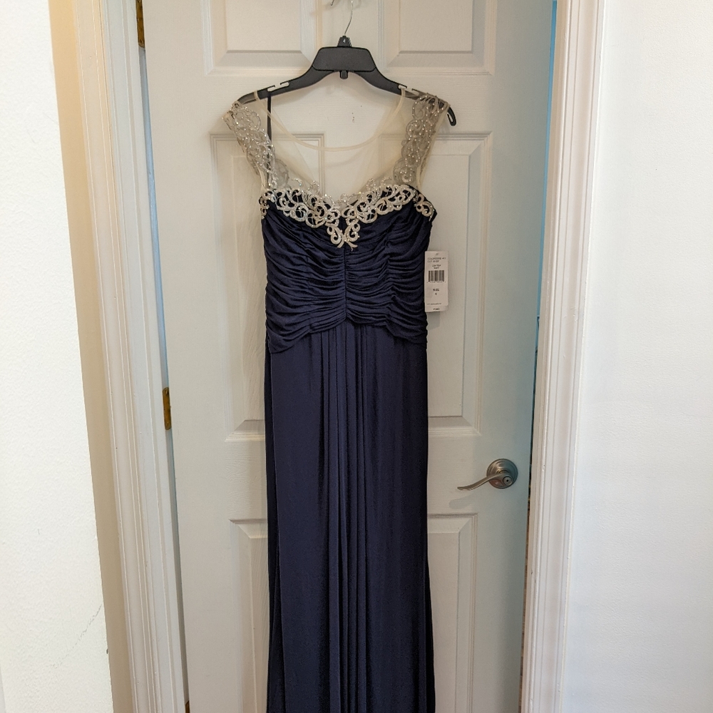 One by Eight |Navy Rhinestone Mesh Ruched Floor Length Gown Sz 4